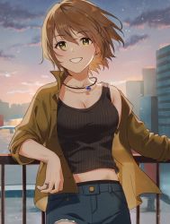 Rule 34 | 1girl, :d, against railing, black tank top, breasts, brown hair, brown shirt, building, cleavage, cloud, collarbone, denim, ear piercing, emu (emum), green eyes, hair blowing, highres, idolmaster, idolmaster cinderella girls, jeans, jewelry, kimura natsuki, leaning back, light blush, light particles, looking at viewer, medium breasts, open clothes, open mouth, open shirt, outdoors, pants, pendant, piercing, railing, ribbed tank top, ring, river, shirt, short hair, sleeves rolled up, smile, solo, sunset, tank top, torn clothes, torn jeans, torn pants, water
