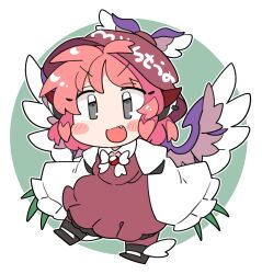 Rule 34 | 1girl, animal ears, bird ears, bird wings, black footwear, blush, brown dress, brown hat, brown socks, chibi, claws, dress, earrings, fang, fingernails, frilled dress, frilled sleeves, frills, full body, green nails, grey eyes, hat, ini (inunabe00), jewelry, kneehighs, long fingernails, long sleeves, mystia lorelei, nail polish, open mouth, pink hair, sharp fingernails, shoes, short hair, single earring, sleeve garter, smile, socks, solo, touhou, white wings, wide sleeves, winged footwear, winged hat, wings