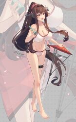 Rule 34 | 1girl, alternate costume, artist name, bare shoulders, blush, bottle, bra, breasts, brown hair, cleavage, commentary request, flower, full body, glass bottle, hair flower, hair intakes, hair ornament, highres, himeyamato, holding, holding bottle, kantai collection, large breasts, long hair, looking at viewer, navel, open mouth, panties, ponytail, ramune, red eyes, signature, smile, solo, underwear, underwear only, very long hair, white bra, white panties, yamato (kancolle)