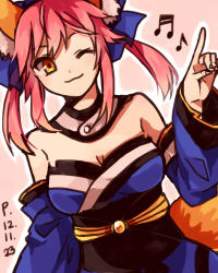 Rule 34 | 10s, 1girl, :3, ;3, animal ears, bad id, bad pixiv id, bow, breasts, cleavage, detached sleeves, fate/extra, fate (series), fox ears, fox tail, hair bow, hair ribbon, japanese clothes, mmm ss, musical note, one eye closed, pink hair, ribbon, solo, tail, tamamo (fate), tamamo no mae (fate/extra), thighhighs, twintails, wink, yellow eyes