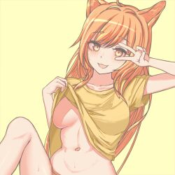 Rule 34 | 1girl, animal ears, arknights, arm up, blush, breasts, ceobe (arknights), clothes lift, collarbone, commentary request, dog ears, dog girl, hand up, lifted by self, long hair, looking at viewer, medium breasts, navel, open mouth, orange eyes, orange hair, shirt, shirt lift, short sleeves, simple background, smile, solo, suto (strife0123), t-shirt, v, v over eye, yellow background, yellow shirt