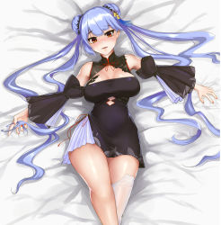 Rule 34 | 1girl, azur lane, bare shoulders, black dress, blue hair, breasts, china dress, chinese clothes, cleavage cutout, clothing cutout, detached sleeves, double bun, dress, essex (azur lane), essex (brush and ink) (azur lane), hair bun, highres, large breasts, lying, official alternate costume, ojisan f, on back, on bed, red eyes, shiny skin, single thighhigh, solo, thighhighs, white thighhighs
