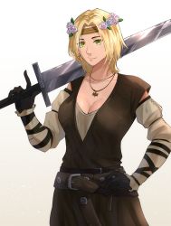 Rule 34 | 1girl, absurdres, blonde hair, breasts, cleavage, commission, commissioner upload, detached sleeves, gloves, green eyes, hand on own hip, head wreath, highres, jewelry, kikaia, large breasts, necklace, original, over shoulder, short hair, simple background, solo, sword, tagme, the elder scrolls, the elder scrolls v: skyrim, v-neck, vreasts, weapon, weapon over shoulder, white background