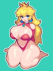 Rule 34 | 1girl, adnycart, bare shoulders, barefoot, bikini, blonde hair, blue eyes, blue gemstone, breasts, choker, costume request, crown, earrings, elbow gloves, eyelashes, gem, gloves, green background, highleg, highleg bikini, highres, jewelry, large breasts, lips, long hair, looking at viewer, mario (series), navel, nintendo, outline, parted lips, pendant choker, pink bikini, pink gloves, pink lips, princess peach, shiny skin, simple background, sitting, solo, sphere earrings, super mario bros. 1, swimsuit, thick thighs, thighs, wariza, white choker, white outline
