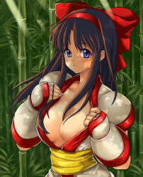Rule 34 | 1girl, ainu clothes, alternate breast size, areola slip, bad id, bad pixiv id, bamboo, bamboo forest, black hair, bow, breasts, cleavage, cleavage reach, clothes pull, dappled sunlight, fingerless gloves, forest, gloves, hair bow, hairband, highres, hime cut, long hair, medium breasts, nakoruru, nature, no bra, puffy short sleeves, puffy sleeves, pulled by self, red bow, samurai spirits, sash, serin199, short sleeves, solo, sunlight, undressing