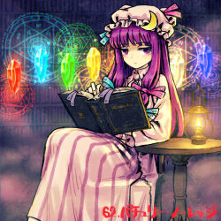 Rule 34 | 1girl, blue ribbon, book, bookshelf, chair, character name, crescent, crystal, dress, fire, hair ribbon, hat, hat ribbon, hexagram, holding, holding book, jitome, lantern, long hair, lowres, magic circle, meimaru inuchiyo, mob cap, patchouli knowledge, pink dress, pink ribbon, purple eyes, purple hair, ribbon, sitting, solo, striped clothes, striped dress, table, touhou