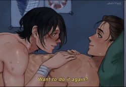 Rule 34 | 1boy, 1girl, aftersex, annlu vazzel, black hair, blush, colossal titan, completely nude, eren yeager, hand on another&#039;s chest, how i met your mother, looking at another, lying, lying on another, mikasa ackerman, muscular, muscular female, nude, pillow, scar, shingeki no kyojin, short hair, smile, survey corps (emblem), sweat, titan (shingeki no kyojin)
