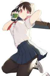 Rule 34 | 1girl, absurdres, air jordan, air jordan 1, animal ears, bag, black pantyhose, blue skirt, blush, bow, breasts, brown hair, button gap, carrying over shoulder, cloba, closed mouth, collared shirt, commentary, cup, drinking straw, english commentary, frappuccino, highres, holding, holding cup, jumping, looking at viewer, medium breasts, miniskirt, multicolored hair, necktie, nike (company), original, pantyhose, pink eyes, pink hair, player 2 (cloba), pleated skirt, product placement, red necktie, school bag, school uniform, shirt, shoes, short hair, short sleeves, simple background, skirt, sneakers, solo, starbucks, streaked hair, sunlight, torn clothes, torn pantyhose, two-tone hair, white background, white footwear, white shirt