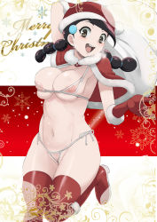 Rule 34 | 1girl, :d, black hair, blush, braid, breasts, brown eyes, candice (pokemon), christmas, cleavage, cleft of venus, creatures (company), eyelashes, eyes visible through hair, game freak, hair ornament, hairclip, hand up, hat, highres, large breasts, long hair, looking at viewer, makoto daikichi, miniskirt, nintendo, open mouth, panties, pokemon, pokemon dppt, pussy, red hat, santa costume, santa hat, skirt, smile, twin braids, uncensored, underwear