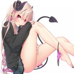 Rule 34 | 1girl, barefoot, black cardigan, black nails, blush, bow, bow panties, brown hair, cardigan, collared shirt, commentary request, curled horns, demon girl, demon horns, demon tail, ear piercing, earrings, feet out of frame, grey skirt, hair over one eye, hand on own knee, hand up, highres, horns, jewelry, knee up, long hair, long sleeves, looking at viewer, multicolored hair, nail polish, original, panties, panties around leg, parted lips, piercing, pink hair, pink panties, pleated skirt, puffy long sleeves, puffy sleeves, red eyes, school uniform, shirt, simple background, skirt, sleeves past wrists, solo, stud earrings, tail, toenail polish, toenails, two-tone hair, underwear, very long hair, white background, white shirt, yoye (pastel white)