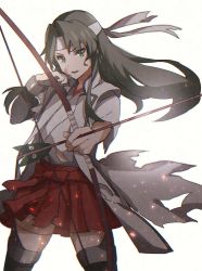 Rule 34 | 1girl, alternate hairstyle, arrow (projectile), blood, blood on face, boots, bow (weapon), gloves, green eyes, green hair, hakama, hakama short skirt, hakama skirt, headband, highres, holding, holding bow (weapon), holding weapon, japanese clothes, kantai collection, kasumi (skchkko), long hair, official alternate costume, open mouth, partially fingerless gloves, partly fingerless gloves, simple background, single glove, skirt, solo, thigh boots, thighhighs, torn clothes, weapon, white background, yugake, zuikaku (kancolle), zuikaku kai ni (kancolle)