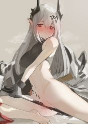 Rule 34 | 1girl, arknights, barefoot, black gloves, blush, bottomless, breasts, crop top, female focus, female masturbation, gloves, grey background, hair between eyes, highres, holding, holding weapon, horns, jaaku (ra 9rara), large breasts, long hair, masturbation, material growth, mudrock (arknights), oripathy lesion (arknights), parted lips, pointy ears, pussy juice, red eyes, silver hair, solo, weapon