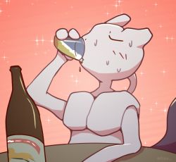 Rule 34 | 1boy, alcohol, animal ears, arm up, artist name, beer, blush, boke-chan, bottle, closed eyes, colored skin, creatures (company), cup, drink, drinking, drinking glass, furry, furry male, game freak, gen 1 pokemon, gradient background, grey skin, holding, holding drink, holding drinking glass, legendary pokemon, light blush, male focus, mewtwo, nintendo, pokemon, pokemon (creature), red background, simple background, sitting, sketch, solo, sparkle, sweat, table, tail, twitter username, u u, upper body, watermark