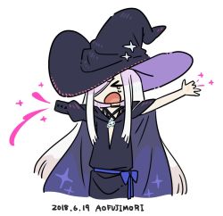 Rule 34 | 1girl, ao fujimori, arms up, black hat, blue bow, bow, cape, closed eyes, crying, dated, hair over one eye, hat, long hair, open mouth, original, puffy sleeves, signature, simple background, solo, tears, white background, white hair, witch, witch hat