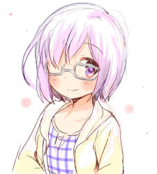 Rule 34 | 1girl, blush, casual, checkered clothes, checkered shirt, fate/grand order, fate (series), glasses, hair over one eye, jacket, light smile, looking at viewer, mash kyrielight, open clothes, open jacket, purple eyes, purple hair, shirt, short hair, simple background, sketch, solo, swept bangs, tatsunokosso, upper body