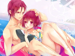 Rule 34 | 10s, 1boy, 1girl, bad id, bad pixiv id, bikini, blue male swimwear, blue swim trunks, brother and sister, collarbone, doll, free!, hand on another&#039;s head, height difference, inflatable raft, male swimwear, matsuoka gou, matsuoka rin, on lap, pool, red eyes, red hair, shark, siblings, stuffed animal, stuffed toy, swim trunks, swimsuit, thighs, transparent, tukino (panna), water