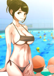 Rule 34 | 1girl, arm support, bikini, black bikini, blurry, blurry background, breasts, brown eyes, brown hair, cleavage, closed mouth, commentary request, dytm, highres, indoors, large breasts, looking at viewer, navel, original, outside border, people, pool, short hair, side-tie bikini bottom, smile, solo focus, standing, stomach, swimsuit, water