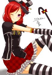 Rule 34 | 10s, 1girl, ;), bad id, bad pixiv id, bow, cane, checkered clothes, checkered headwear, dated, elbow gloves, female focus, frilled skirt, frills, garter straps, gloves, hat, highres, looking at viewer, love live!, love live! school idol festival, love live! school idol project, nishikino maki, one eye closed, plaid, plaid skirt, purple eyes, red hair, signature, simple background, skirt, smile, solo, striped clothes, striped gloves, striped thighhighs, tarachine, thighhighs, white background, zettai ryouiki