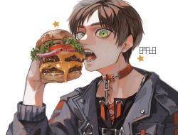 Rule 34 | 1boy, absurdres, black shirt, brown hair, burger, cheese, collar, constricted pupils, cross-laced clothes, cross-laced top, eating, eren yeager, fangs, fatalbug896, food, green eyes, grey jacket, hand up, highres, holding, holding food, jacket, key, lettuce, long sleeves, looking at viewer, male focus, onion, open clothes, open jacket, open mouth, orange collar, orange ribbon, parted bangs, ribbon, shingeki no kyojin, shirt, short hair, signature, simple background, solo, star (symbol), teeth, tomato, tomato slice, upper body, white background