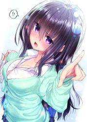 Rule 34 | !, !!, 1girl, black hair, blue background, blue skirt, blush, breasts, cardigan, cleavage, collared shirt, from above, from side, gradient background, green cardigan, highres, lens flare, long hair, long sleeves, looking at viewer, looking up, medium breasts, mokufuu, open mouth, original, pleated skirt, pointing, pointing at viewer, purple eyes, shirt, skirt, solo, speech bubble, spoken exclamation mark, twitter username, white background, white shirt