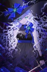 Rule 34 | 1girl, black hat, blue eyes, chocolate4170615, colored skin, crying, crying with eyes open, dress, green eyes, grey hair, grey skin, hat, highres, long hair, looking at viewer, multicolored hair, original, sleeveless, sleeveless dress, solo, tears, very long hair, wavy hair, white hair, witch hat