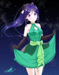 Rule 34 | 1girl, artist name, artist request, bare shoulders, black bow, black gloves, blue hair, blush, bow, breasts, cleavage, collarbone, collared dress, dress, earrings, elbow gloves, female focus, gloves, green bow, green dress, hair bow, highres, holding, holding clothes, holding skirt, jewelry, long hair, looking at viewer, love live!, love live! school idol festival, love live! sunshine!!, matsuura kanan, nanase tatsuki (aurora illusion), night, night sky, parted lips, ponytail, purple eyes, skirt, sky, small breasts, smile, solo