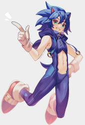 Rule 34 | 1boy, absurdres, animal ears, armpits, blue hair, blue hoodie, blue pants, blurry, commentary, crop top, dated, depth of field, drawstring, full body, gloves, green eyes, grey background, grin, hair between eyes, hand on own hip, hand up, happy, highres, hood, hood down, hoodie, humanization, index finger raised, linea alba, looking at viewer, male focus, navel, notice lines, pants, red footwear, shoes, short hair, simple background, sleeveless, smile, sneakers, solo, sonic (series), sonic the hedgehog, spiked hair, stomach, teeth, toned, toned male, twitter username, white gloves, zero-go