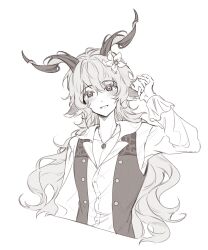 Rule 34 | 1boy, animal ears, arknights, arm up, blush, collarbone, collared shirt, dress shirt, flower, greyscale, hair between eyes, hair flower, hair ornament, head tilt, highres, horns, kreide (arknights), long hair, long sleeves, looking at viewer, male focus, monochrome, open clothes, open vest, rio (rio773), shirt, simple background, solo, upper body, very long hair, vest, white background