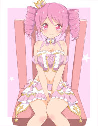 Rule 34 | 1girl, absurdres, bare shoulders, blush, breasts, cleavage, closed mouth, crown, drill hair, heinkeluhu, highres, jashin-chan dropkick, large breasts, looking at viewer, midriff, miniskirt, navel, on chair, pink eyes, pink hair, pino (jashin-chan dropkick), shiny skin, sitting, skirt, smile, solo, twin drills
