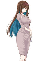 Rule 34 | 1girl, aqua hair, armpit cutout, assault lily, bag, breasts, brown hair, closed mouth, clothing cutout, colored inner hair, commentary request, dress, feet out of frame, green eyes, grey dress, hair between eyes, hair ornament, hairband, handbag, highres, holding, holding bag, ishizuka fujino, large breasts, light smile, long hair, looking ahead, looking down, multicolored hair, pencil dress, pink hairband, puffy sleeves, sidelocks, simple background, sleeves past wrists, solo, standing, two-tone hair, urutsu sahari, very long hair, white background