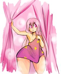 Rule 34 | 1boy, androgynous, angry, child, curtains, highres, king stellos (yellow kirby), long hair, male focus, naked towel, nipples, original, parted lips, pink eyes, pink hair, simple background, thick thighs, thighs, towel, trap, wet, wide hips, yellow kirby