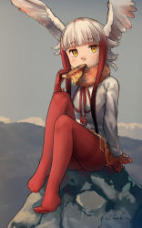 Rule 34 | 1girl, absurdres, bird wings, black hair, commentary request, eating, food, fur collar, head wings, highres, japanese crested ibis (kemono friends), kemono friends, long sleeves, multicolored hair, neck ribbon, no shoes, pantyhose, pizza, pleated skirt, red fur, red hair, red pantyhose, red ribbon, red skirt, ribbon, shirt, short hair, short hair with long locks, sidelocks, sitting, skirt, solo, welt (kinsei koutenkyoku), white hair, white shirt, wings, yellow eyes