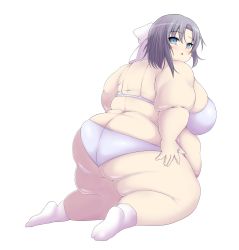 Rule 34 | 10s, 1girl, ass, belly, blue eyes, blue hair, bra, breasts, butt crack, fat, female focus, highres, huge ass, large breasts, looking at viewer, matching hair/eyes, obese, panties, senran kagura, socks, solo, thick thighs, thighs, underwear, yumi (senran kagura)