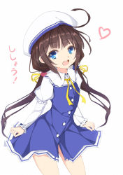 Rule 34 | 10s, 1girl, :d, ahoge, beret, blue dress, blue eyes, brown hair, dress, fingernails, hat, heart, highres, hinatsuru ai, kouusagi, layered sleeves, long hair, long sleeves, looking at viewer, low twintails, open mouth, puffy short sleeves, puffy sleeves, ryuuou no oshigoto!, school uniform, short over long sleeves, short sleeves, simple background, smile, solo, teeth, translated, twintails, upper teeth only, very long hair, white background, white hat