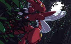 Rule 34 | bad id, bad pixiv id, bamboo, bamboo forest, commentary request, creatures (company), forest, from below, game freak, gen 2 pokemon, lico (sasya k), looking up, moon, nature, night, nintendo, no humans, orange eyes, outdoors, parted lips, pokemon, pokemon (creature), scizor, sky, solo, standing