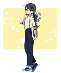 Rule 34 | 1girl, arm at side, bag, black hair, black pants, blue eyes, blue footwear, blush, closed mouth, dot nose, from side, full body, hand up, harumaru sk, high-waist pants, highres, knees together feet apart, looking at viewer, low ponytail, original, pants, rolled up paper, shirt, shirt tucked in, shoes, short sleeves, shoulder bag, smile, sneakers, solo, star (symbol), swept bangs, two-tone background, walking, white background, white shirt, yellow background