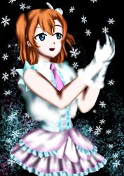Rule 34 | 1girl, aqua eyes, artist name, artist request, belt, black background, blue eyes, blush, brown hair, buttons, collared shirt, dress, feather hair ornament, feathers, female focus, flower, gloves, hair flower, hair ornament, hair ribbon, jacket, kosaka honoka, long hair, love live!, love live! school idol festival, love live! school idol project, necktie, one side up, orange hair, outstretched arms, pink hair, pink jacket, pink necktie, red ribbon, ribbon, shirt, short hair, side ponytail, snow, snow halation, snowflakes, solo, white dress, white feathers, white gloves