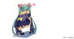 Rule 34 | 1girl, alternate costume, aqua hair, ass, back, bare back, bare shoulders, barefoot sandals (jewelry), blue dress, blue panties, boots, choker, dan evan, detached sleeves, dress, from behind, full body, hair ornament, hatsune miku, heart, high heel boots, high heels, highres, long hair, panties, pantyshot, platform footwear, ribbon, short dress, simple background, sitting, solo, squatting, thighhighs, twintails, underwear, vocaloid, white background