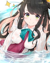 Rule 34 | 10s, 1girl, bad id, bad pixiv id, black hair, blush, breasts, closed mouth, covered erect nipples, hair ribbon, highres, in water, kantai collection, long hair, looking at viewer, medium breasts, multicolored hair, naganami (kancolle), nipples, partially submerged, pink hair, ribbon, school uniform, see-through, smile, solo, sparkle, suzuharu toufu, water, wet, wet clothes, yellow eyes, yellow ribbon