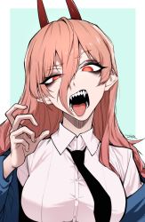 Rule 34 | 1girl, breasts, chainsaw man, cross-shaped pupils, eyeliner, hair between eyes, horns, j.k., long hair, looking at viewer, makeup, necktie, pink hair, power (chainsaw man), red eyes, sharp teeth, solo, symbol-shaped pupils, teeth, tongue, tongue out