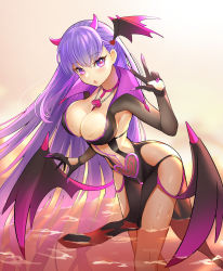Rule 34 | 1girl, absurdres, alternate costume, bb (fate), bb (fate/extra), black gloves, blush, breasts, cleavage, commentary, demon girl, fate/grand order, fate (series), gloves, hair ribbon, heart, heart-shaped pupils, highres, horns, laon, large breasts, long fingers, long hair, looking at viewer, purple eyes, purple hair, revealing clothes, ribbon, simple background, solo, symbol-shaped pupils, tagme, thighs, very long hair, w, wings