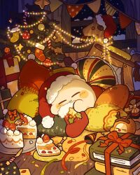 Rule 34 | blush stickers, book, book stack, box, cake, christmas, christmas stocking, christmas tree, closed eyes, commentary, dark, food, fur-trimmed headwear, fur trim, gift, gift box, harukui, hat, highres, holding, indoors, kirby, kirby (series), lying, mistletoe, night, nintendo, pillow, santa hat, sleeping, smile, snowing, stuffed toy, window