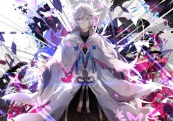 Rule 34 | 1boy, bishounen, black background, blue eyes, cloak, fate/grand order, fate (series), grin, highres, long hair, long sleeves, looking at viewer, male focus, merlin (fate), multicolored background, outstretched hand, pink background, polka dot, polka dot background, purple background, smile, solo, tsugutoku, very long hair, white background, white cloak, white hair