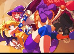Rule 34 | 2girls, aq interactive, arcana heart, artist request, atlus, bat wings, bike shorts, blonde hair, blush, boots, braid, breasts, cape, demon girl, elbow pads, examu, fingerless gloves, glasses, gloves, holding hands, hat, interlocked fingers, knee pads, large breasts, lilica felchenerow, long hair, multiple girls, official art, orange skirt, pointy ears, purple eyes, red-framed eyewear, red eyes, red hair, single braid, skirt, sleeveless, strapless, sweater, tube top, twintails, unzipped, very long hair, wings, witch, witch hat, yasuzumi yoriko, zipper