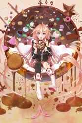 Rule 34 | 1girl, ahoge, asymmetrical legwear, blue eyes, boots, candy, chocolate, chocolate bar, chocolate heart, choker, cookie, doughnut, food, food on face, heart, ia (vocaloid), kamome yuu, long hair, looking at viewer, marshmallow, md5 mismatch, mismatched legwear, open mouth, pink hair, pinky out, pocky, resolution mismatch, single thighhigh, skirt, solo, source smaller, thighhighs, uneven legwear, valentine, very long hair, vocaloid