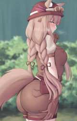 Rule 34 | 1girl, animal ears, ass, blush, braid, breasts, brown gloves, brown hair, brown shorts, brown vest, bush, fox ears, fox girl, fox tail, gloves, grass, green eyes, grey shirt, highres, huge ass, looking at viewer, maho (explorer) (princess connect!), maho (princess connect!), medium breasts, official alternate costume, outdoors, princess connect!, profile, shirt, short shorts, short sleeves, shorts, solo, tail, twin braids, vest, yue (show-ei)