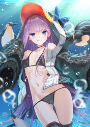 Rule 34 | 1girl, air bubble, animal hood, armor, bare shoulders, bikini, bird, black bikini, black jacket, blue bow, blue eyes, bow, breasts, bubble, choker, closed mouth, collarbone, eyes visible through hair, fate/grand order, fate (series), greaves, hair between eyes, hood, jacket, kachayori, licking lips, long hair, long sleeves, looking at viewer, meltryllis, meltryllis (fate), meltryllis (swimsuit lancer) (fate), navel, open clothes, open jacket, penguin, penguin hood, purple hair, sleeves past fingers, sleeves past wrists, small breasts, smile, solo, swimming, swimsuit, thighs, tongue, tongue out, underwater, very long hair