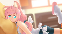 Rule 34 | 1girl, animal ear fluff, animal ears, ass, bike shorts, blue eyes, boots, cat ears, estcc, from side, head rest, highres, hinata channel, leg lift, leg up, long hair, lying, nekomiya hinata, no tail, on stomach, pillow, pink hair, shorts, solo, striped clothes, striped thighhighs, thighhighs, twintails, vest, virtual youtuber, white vest