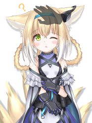 Rule 34 | 1girl, ;o, ?, animal ear fluff, animal ears, arknights, bare shoulders, black gloves, blonde hair, blouse, blue hairband, blush, braid, braided hair rings, breasts, cloak, covered collarbone, disembodied hand, fox ears, fox girl, fox tail, gloves, hair between eyes, hair rings, hairband, headpat, highres, infection monitor (arknights), kitsune, langley1000, long hair, looking at viewer, material growth, one eye closed, oripathy lesion (arknights), parted lips, purple shirt, purple skirt, shirt, simple background, skirt, sleeveless, sleeveless shirt, small breasts, solo focus, suzuran (arknights), tail, twin braids, white background, white cloak, white shirt
