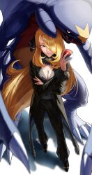 Rule 34 | 1girl, absurdres, alternate eye color, black coat, black pants, blonde hair, blurry, breasts, cleavage, coat, creatures (company), crossed arms, cynthia (pokemon), depth of field, fur collar, fur trim, game freak, garchomp, gen 4 pokemon, hair ornament, hair over one eye, hand up, highres, holding, holding poke ball, large breasts, long hair, mandei (nao 1234567), nintendo, pants, parted lips, poke ball, poke ball (basic), pokemon, pokemon dppt, very long hair, yellow eyes